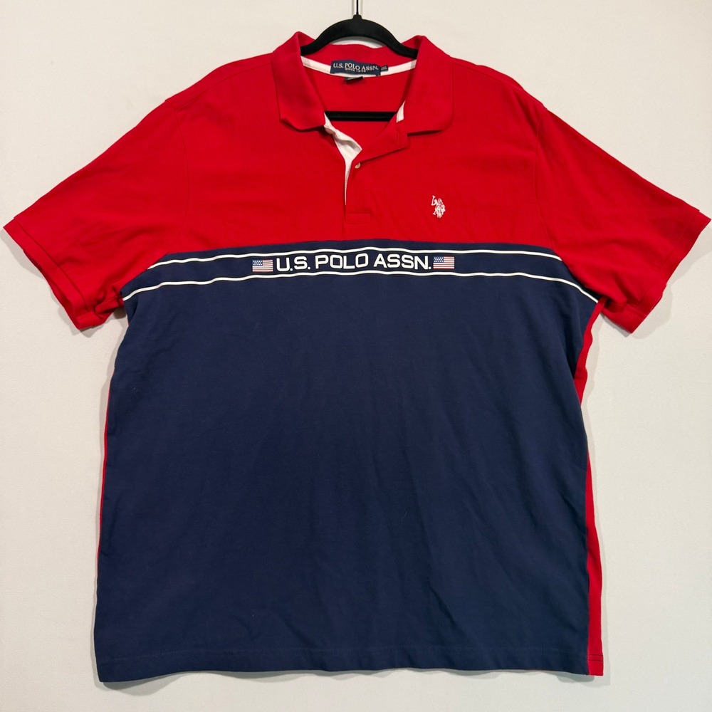 U.S. Polo Assn. Polo Shirt Men's 2XL Red Blue Colorblock Graphic Short Sleeve